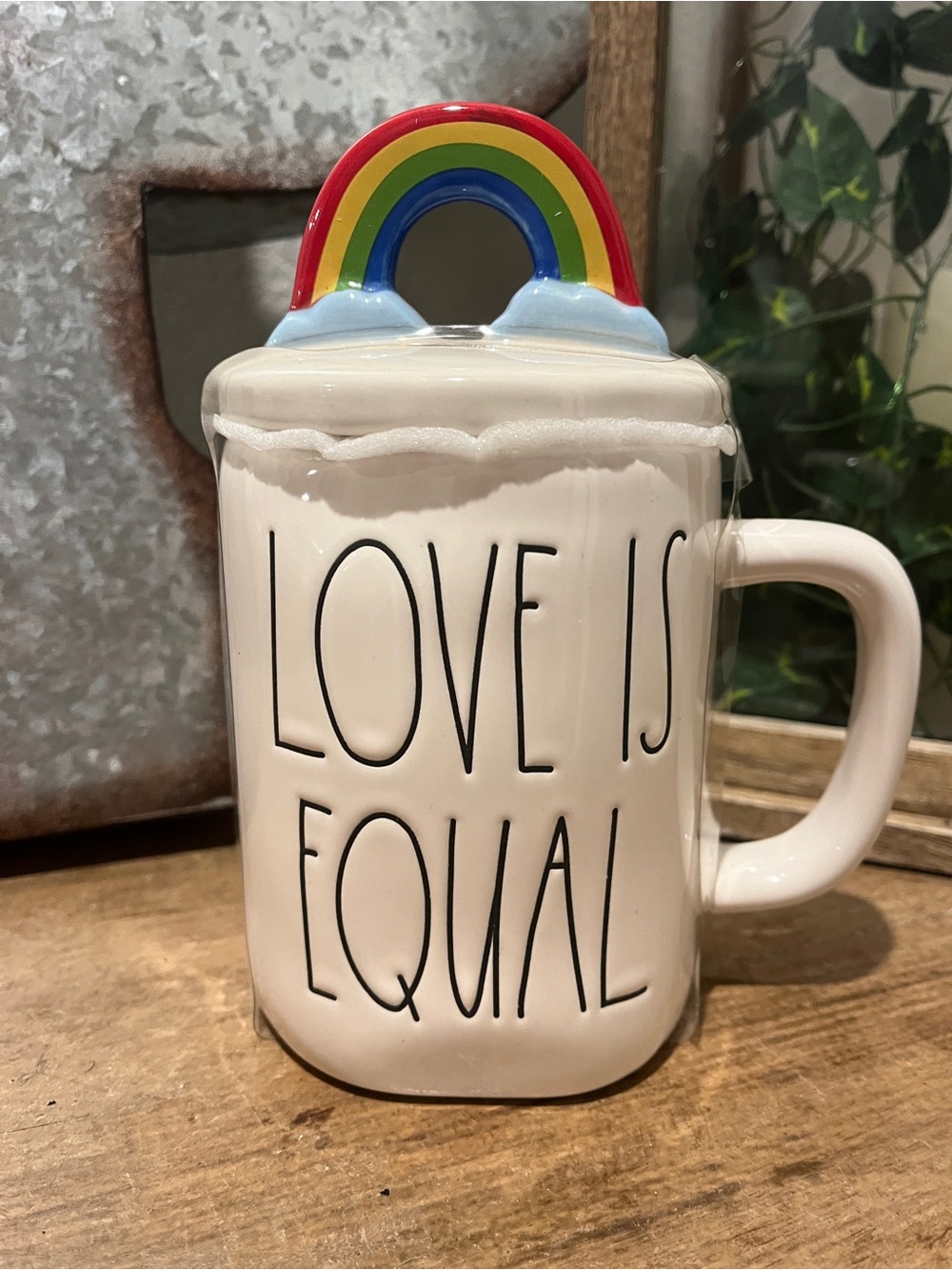 Rae Dunn Cream Mug with Rainbow Lid - "LOVE IS EQUAL"